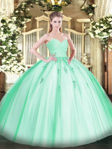 Adorable Apple Green Tulle Lace Up Sweet 16 Quinceanera Dress Sleeveless Floor Length Beading and Appliques