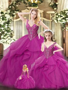 Fancy Sleeveless Organza Floor Length Lace Up Sweet 16 Dress in Fuchsia with Beading and Ruffles