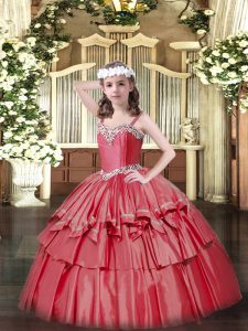 Sweet Coral Red Straps Neckline Beading and Ruffled Layers Kids Pageant Dress Sleeveless Lace Up
