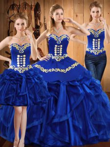 Dynamic Royal Blue Ball Gowns Organza Sweetheart Sleeveless Embroidery and Ruffles Floor Length Lace Up Quinceanera Dresses