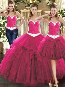 Fuchsia Tulle Lace Up 15th Birthday Dress Sleeveless Floor Length Ruffles