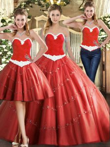 Tulle Sweetheart Sleeveless Lace Up Beading Sweet 16 Quinceanera Dress in Coral Red
