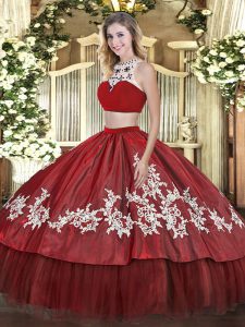 Stylish Tulle High-neck Sleeveless Backless Beading and Appliques 15 Quinceanera Dress in Red