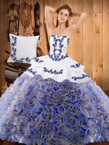 Dazzling Multi-color Ball Gowns Strapless Sleeveless Satin and Fabric With Rolling Flowers With Train Sweep Train Lace Up Embroidery Quinceanera Dress