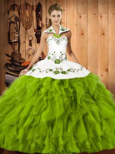 Olive Green Halter Top Neckline Embroidery and Ruffles Quinceanera Dresses Sleeveless Lace Up