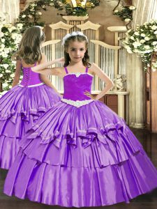 Lavender Ball Gowns Appliques and Ruffled Layers Child Pageant Dress Lace Up Organza Sleeveless Floor Length