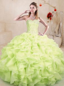 Decent Yellow Green Sleeveless Beading and Ruffles Floor Length Quinceanera Gowns