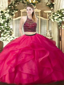 Beading and Ruffles 15th Birthday Dress Hot Pink Zipper Sleeveless Floor Length