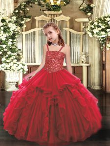 Exquisite Red Sleeveless Beading and Ruffles Floor Length Kids Pageant Dress
