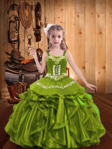 Olive Green Sleeveless Floor Length Embroidery and Ruffles Lace Up Child Pageant Dress