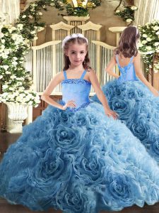 Baby Blue Fabric With Rolling Flowers Lace Up Pageant Dress for Teens Sleeveless Floor Length Appliques