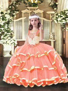 Orange Red Organza Lace Up Pageant Dress for Girls Sleeveless Floor Length Beading and Ruffled Layers