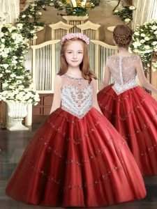 Floor Length Red Pageant Dress Tulle Sleeveless Beading and Appliques