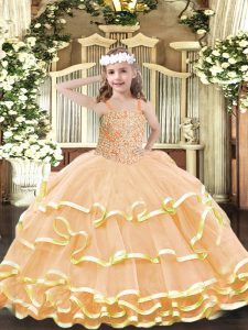 Fashion Floor Length Lace Up Child Pageant Dress Peach for Party and Quinceanera with Beading and Ruffled Layers