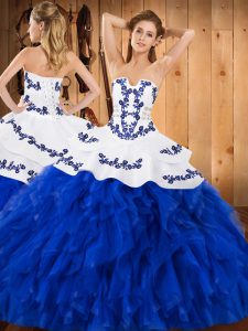 Customized Satin and Organza Strapless Sleeveless Lace Up Embroidery and Ruffles Vestidos de Quinceanera in Royal Blue