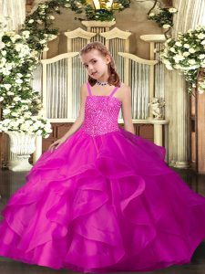 Straps Sleeveless Lace Up Pageant Dress for Teens Fuchsia Organza