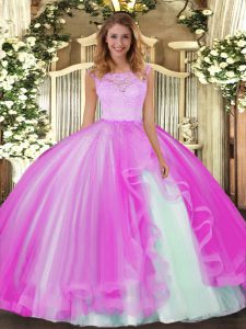 Decent Fuchsia Scoop Neckline Lace and Ruffles Sweet 16 Quinceanera Dress Sleeveless Clasp Handle
