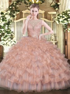 Tulle Scoop Sleeveless Backless Beading and Ruffled Layers Quinceanera Dress in Peach