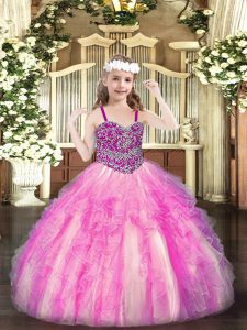 Rose Pink Ball Gowns Organza Straps Sleeveless Beading and Ruffles Floor Length Lace Up Pageant Dress Wholesale