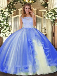 Lace and Ruffles Quinceanera Gowns Blue Clasp Handle Sleeveless Floor Length