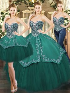 Hot Selling Dark Green Ball Gowns Beading and Appliques Quinceanera Dresses Lace Up Tulle Sleeveless Floor Length