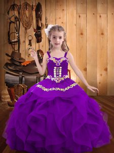 Eggplant Purple Ball Gowns Straps Sleeveless Organza Floor Length Lace Up Embroidery and Ruffles Winning Pageant Gowns