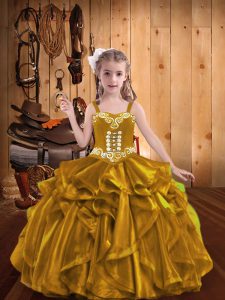 Beauteous Gold Organza Lace Up Straps Sleeveless Floor Length Little Girl Pageant Dress Embroidery and Ruffles