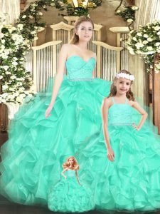 High Quality Apple Green Sweetheart Lace Up Lace and Ruffles 15th Birthday Dress Sleeveless