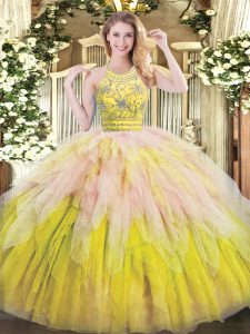 High Class Multi-color Zipper Ball Gown Prom Dress Beading and Ruffles Sleeveless Floor Length