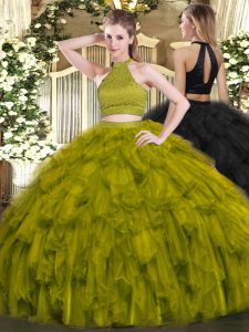 Custom Designed Olive Green Organza Backless 15 Quinceanera Dress Sleeveless Floor Length Beading and Ruffles