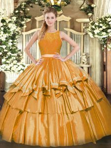 Gold Two Pieces Ruffled Layers Quinceanera Gown Zipper Tulle Sleeveless Floor Length