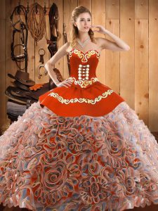Glorious Sweetheart Sleeveless Satin and Fabric With Rolling Flowers Sweet 16 Quinceanera Dress Embroidery Sweep Train Lace Up