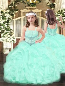 Floor Length Apple Green High School Pageant Dress Straps Sleeveless Lace Up
