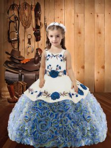 Custom Design Straps Sleeveless Little Girls Pageant Gowns Floor Length Embroidery and Ruffles Multi-color Fabric With Rolling Flowers