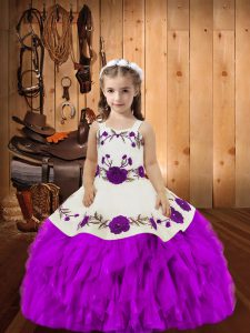 Purple Organza Lace Up Pageant Dress for Teens Sleeveless Floor Length Embroidery and Ruffles