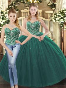 Traditional Sleeveless Floor Length Beading Lace Up Sweet 16 Dresses with Dark Green