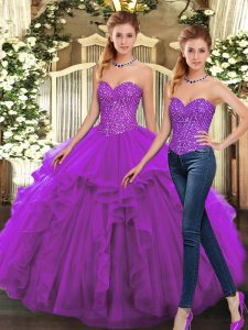 Wonderful Purple Sweetheart Lace Up Beading and Ruffles Quinceanera Gown Sleeveless