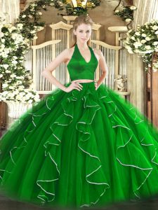 Floor Length Zipper Sweet 16 Dress Green for Military Ball and Sweet 16 and Quinceanera with Ruffles