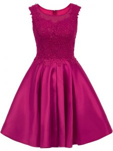Comfortable Mini Length Fuchsia Dama Dress for Quinceanera Satin Sleeveless Lace