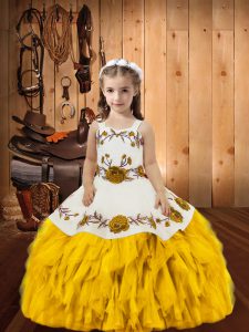 Gold Ball Gowns Embroidery and Ruffles Little Girl Pageant Dress Lace Up Organza Sleeveless Floor Length