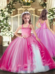 High End Sleeveless Tulle Floor Length Lace Up Little Girls Pageant Gowns in Fuchsia with Appliques