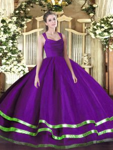 Colorful Purple Ball Gowns Organza Straps Sleeveless Beading and Ruffled Layers Floor Length Zipper Quinceanera Gowns