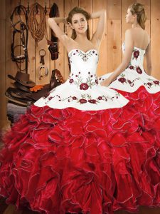 White And Red 15th Birthday Dress Military Ball and Sweet 16 and Quinceanera with Embroidery and Ruffles Halter Top Sleeveless Lace Up