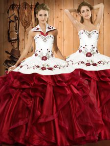 Organza Halter Top Sleeveless Lace Up Embroidery and Ruffles Quinceanera Gown in Wine Red