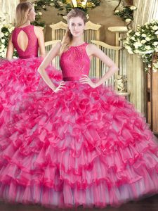 Beauteous Hot Pink Ball Gowns Lace and Ruffled Layers Quinceanera Gown Zipper Organza Sleeveless Floor Length