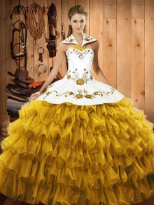 Floor Length Gold Sweet 16 Quinceanera Dress Satin and Organza Sleeveless Embroidery and Ruffled Layers