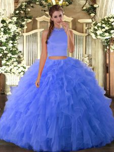 Glorious Sleeveless Floor Length Beading and Ruffles Backless 15 Quinceanera Dress with Blue