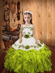 Olive Green Straps Neckline Embroidery and Ruffles Pageant Dresses Sleeveless Lace Up