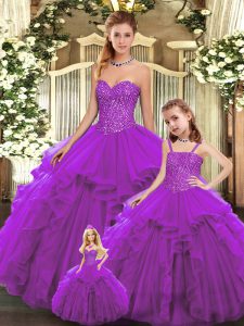Dramatic Sleeveless Organza Floor Length Lace Up Sweet 16 Dress in Eggplant Purple with Beading and Ruffles