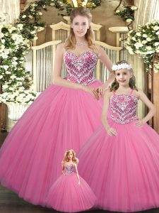 Most Popular Tulle Sweetheart Sleeveless Lace Up Beading Ball Gown Prom Dress in Rose Pink